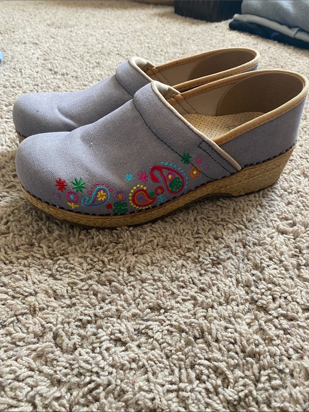 Dansko Light Gray Embroidered Canvas Clogs